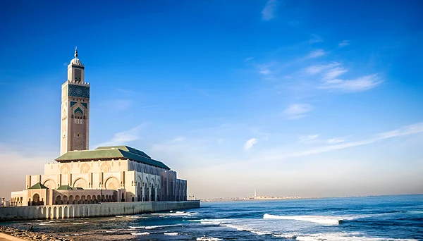Hassan II Mosque minaret above the Atlantic waves, Casablanca